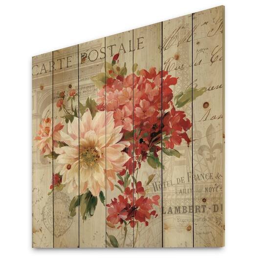 Designart - Red Painted Flowers on Vintage Postcard I - Traditional Print on Natural Pine Wood